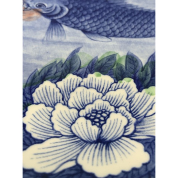 Vintage Japanese Indigo Blue Lotus Flower Koi Fish Plate Platter 12” - Picture 3 of 5